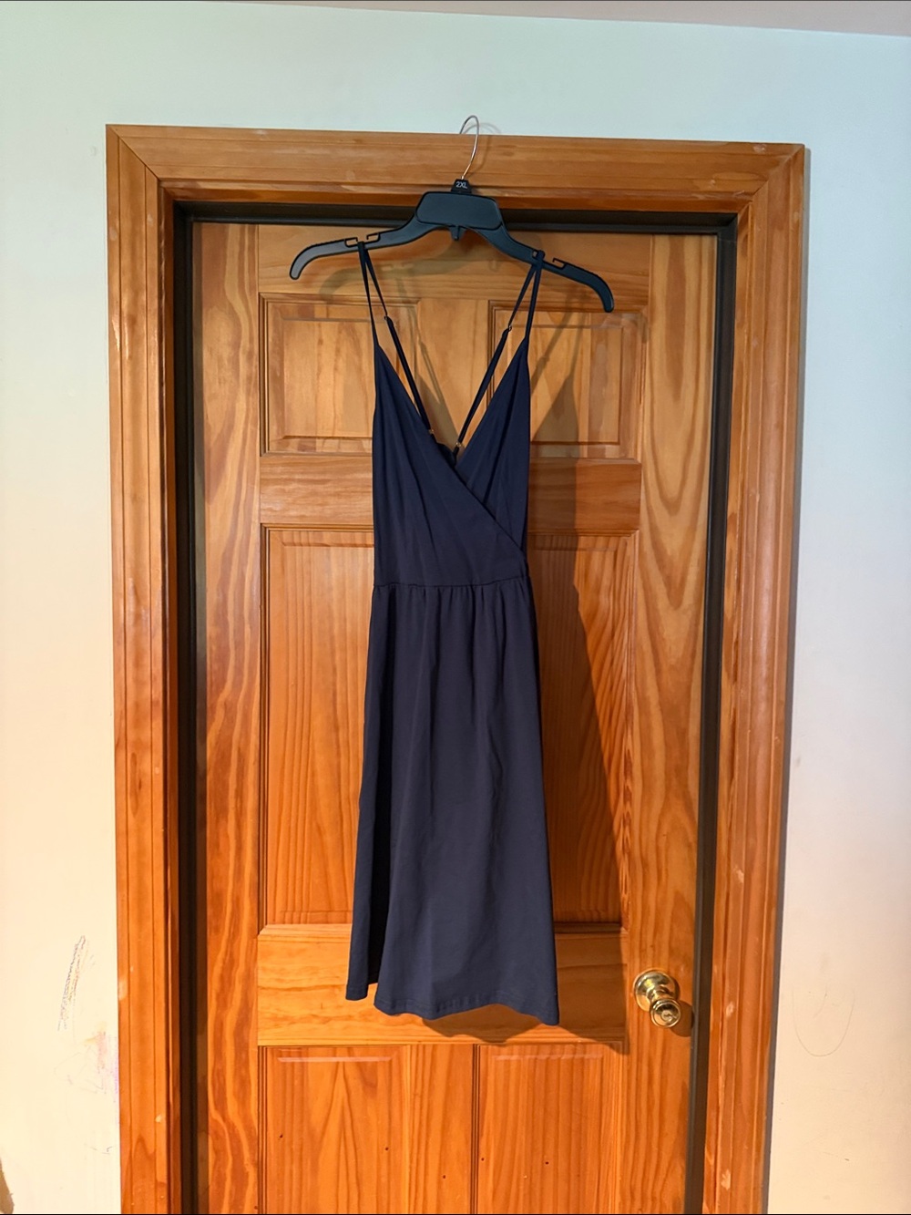 Navy V-Neck Midi Dress with Double Spaghetti Straps
